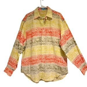 J. McLaughlin Linen Shirt L Hawaiian Geometric Tropical Cabana Core Resort